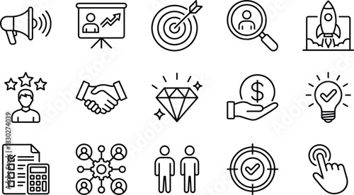 Business Marketing, Success, and Strategy Line Icon Set, Target, Finance, Innovation, Quality, Teamwork, Customer Rating, and Startup Outline Symbols Vector
