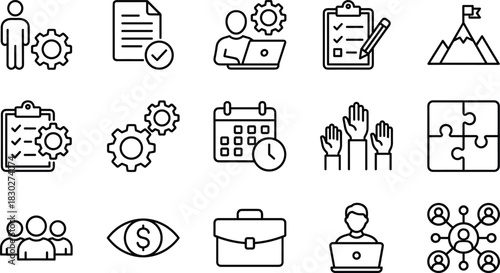 Business Management, Strategy, and Teamwork Line Icon Set, Task Planning, Goal Setting, Organization, Finance, Workflow, and Corporate Success Outline Symbols Vector