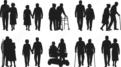 Elderly senior couple silhouettes set, walking and standing together, using mobility scooter, walker, and cane, vector illustration for retirement and health