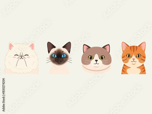 Four adorable cartoon cat faces of different breeds against a plain background