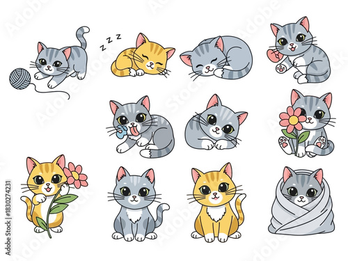 Cute cartoon cats in various poses playing sleeping and wrapped in a blanket design
