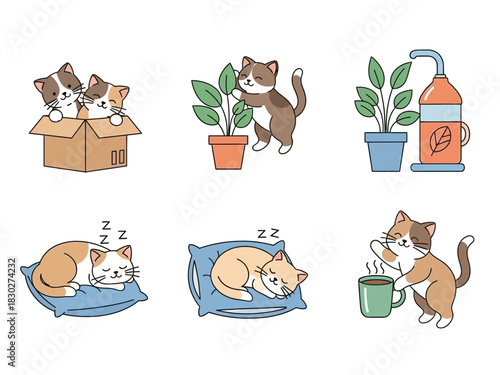 Cute cartoon cats in various poses including sleeping and playing with plants