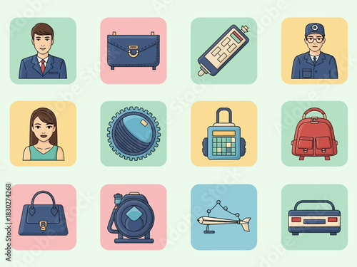 Diverse icons representing various professions and everyday objects in a flat style