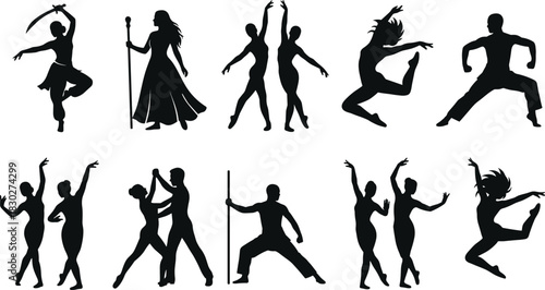 Silhouettes of diverse dancers performing ballet, modern, and traditional combat choreography with props, illustrating artistic movement, grace, strength, and performance art.