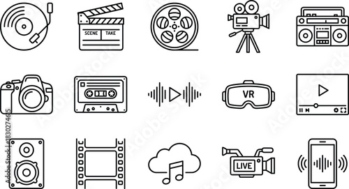 Film, Music, and Media Production Line Icons Set, Including Camera, Vinyl, Film Strip, Boombox, VR Headset, and Live Stream.
