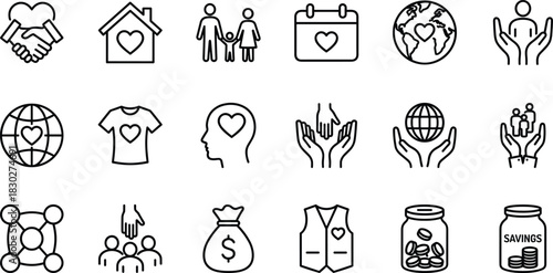 Charity, Donation, and Social Good Line Icon Set, Community Support, Volunteering, Family, Global Care, Love, and Non-Profit Organization Outline Symbols Vector