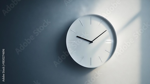 Wallpaper Mural Pristine white-faced minimalist wall clock with slender black hour and minute hands showing 8:00, mounted on matte light gray wall, soft natural light casting subtle shadow, complete absence of Torontodigital.ca