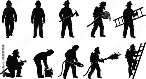 Firefighters in various action silhouettes set, with helmet, axe, hose, water spray, and ladder, professional emergency rescue worker vector icons