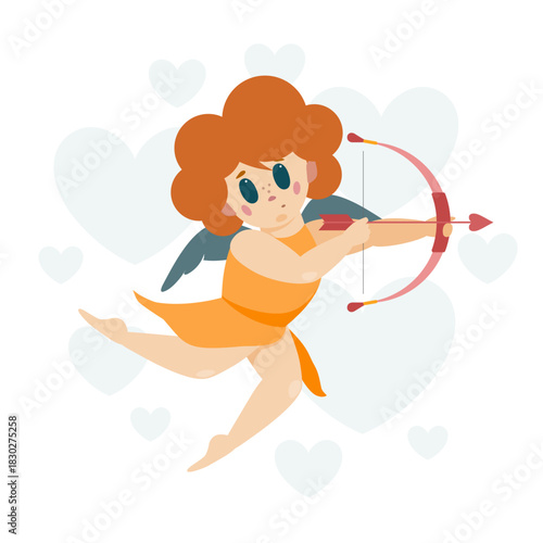Vector cute cupid makes a shot from a bow. Valentine's Day illustration. Funny big eyes curly boy angel in flight. Bright holiday art. Simple romantic art. Many hearts icons. Festive childish image