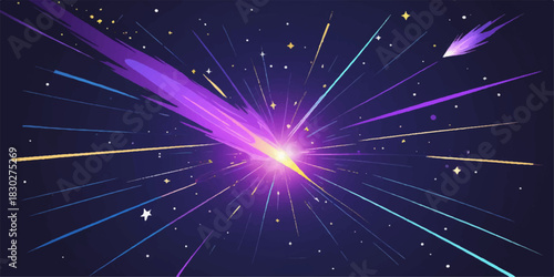 A glowing blue vector illustration of a bright starry night sky featuring a magic burst of light across a dark abstract space background with shimmering cosmos stars for a holiday design