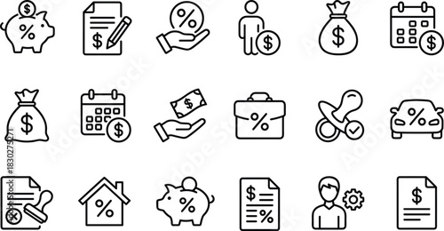 Comprehensive financial and banking linear icon set featuring savings, loans, interest rates, mortgage, investment, budget planning, and debt management for business and personal finance.