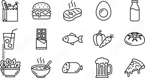 Food, Groceries, and Meal Line Icons Set, Including Hamburger, Steak, Salad, Pizza, Beer, Vegetables, and Bakery Products.