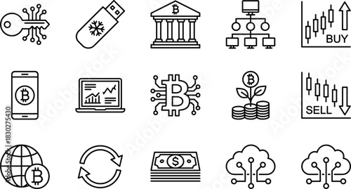 Cryptocurrency and Bitcoin line icons set, Blockchain, Digital Finance, Trading, Exchange, Mobile Wallet, Growth, and Cloud Technology vector collection