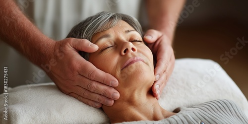 Acupuncture concept Relaxing facial treatment for a woman by a caregiver.
