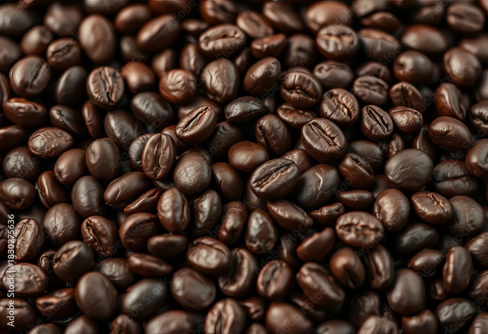 Fototapeta premium Rich, dark roasted organic coffee beans closeup, grain, nature