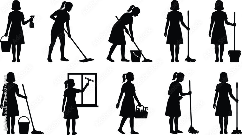 Obraz premium Silhouettes of female cleaning staff performing various tasks—mopping, sweeping, and window washing—illustrating domestic service, housekeeping, and professional cleaning.