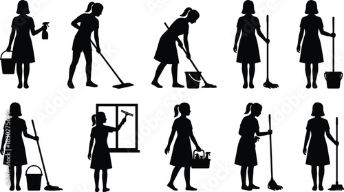 Silhouettes of female cleaning staff performing various tasks—mopping, sweeping, and window washing—illustrating domestic service, housekeeping, and professional cleaning.