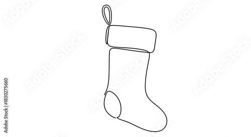 A minimalist one-line drawing of a Christmas stocking hanging with a loop design