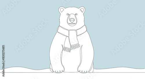 Minimalist winter scene of a polar bear with a scarf in outline style design