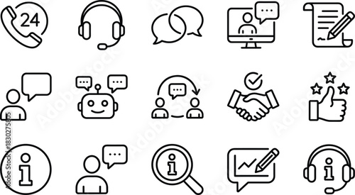 Customer Support, Service, and Communication Line Icon Set, Call Center, Feedback, Chatbot, Agreement, Information, and Online Assistance Outline Symbols Vector