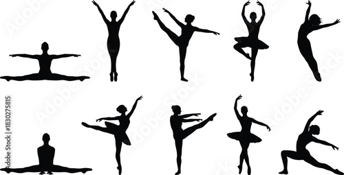 Silhouettes of Female Dancers and Ballerinas in Various Elegant and Flexible Poses, Performing Ballet, Splits, and Stretches, Isolated Vector Collection