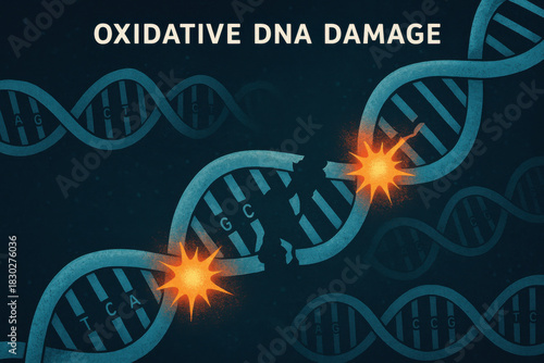 Oxidative DNA damage conceptual illustration showing broken glowing strand. double helix showing genetic stress and cellular decay from free radical attack on blue background