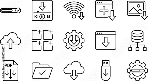 Download, Upload, and File Transfer Line Icon Set, Cloud Storage, Data Management, Wireless Connection, Software Installation, and Digital Document Outline Symbols