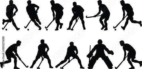 Dynamic Field Hockey Player Silhouettes Set: Action, Running, Dribbling, Striking, Goalkeeper Vector Graphics, Team Sports Illustration.
