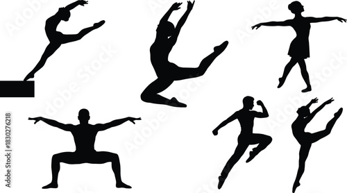 Silhouettes of Gymnastics and Dance Performers in Dynamic Action Poses, Athletes Leaping, Stretching, and Balancing, Isolated Black Vector on White