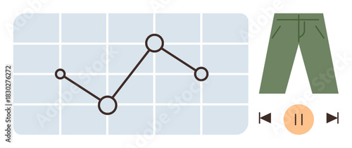 Line graph on grid background, green pants icon suggesting apparel, music control buttons. Ideal for analytics, clothing industry, e-commerce, music, commerce, technology simple flat metaphor