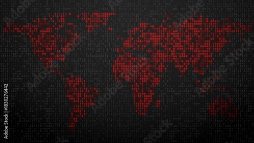 World Map Binary Code red pixels global digital network loop 3D illustration for cybersecurity threat reports, international data breaches, and worldwide tech news backgrounds