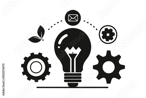 Conceptual silhouette of a glowing light bulb with gears representing innovation silhouette on white background