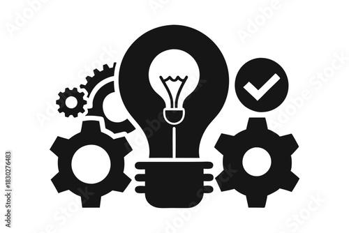 Conceptual silhouette of a glowing light bulb with gears representing innovation silhouette on white background
