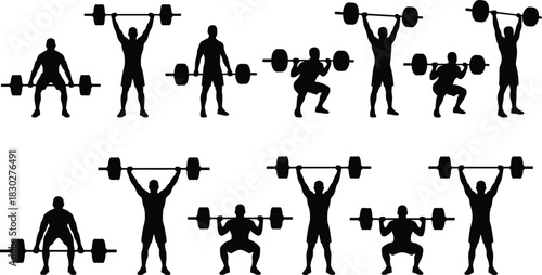 Silhouettes of male weightlifters performing deadlifts, squats, and overhead lifts with barbells, illustrating strength training, fitness, and intense exercise.