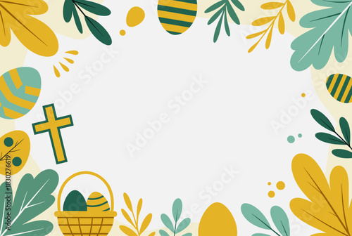 Colorful Easter frame illustration with eggs, leaves, cross, and basket on white background for festive greeting. 
