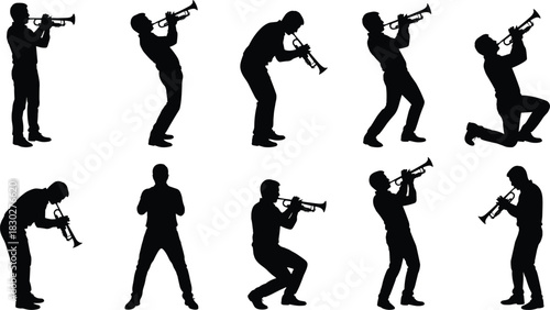 Silhouettes of male musicians passionately playing trumpets in various expressive standing and kneeling poses, illustrating music, performance, jazz, and classical concert.