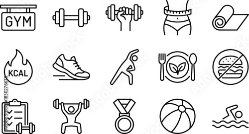Line Art Icons Set of Fitness, Workout, Gym, Sport, and Healthy Lifestyle Elements Including Dumbbells, Weight Loss, Diet, and Exercise Equipment