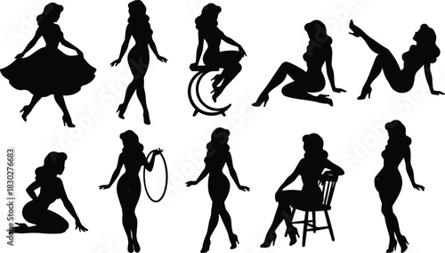 Silhouettes of pin-up girls and burlesque dancers in various seductive and playful poses, illustrating vintage fashion, retro style, entertainment, and glamour aesthetics.
