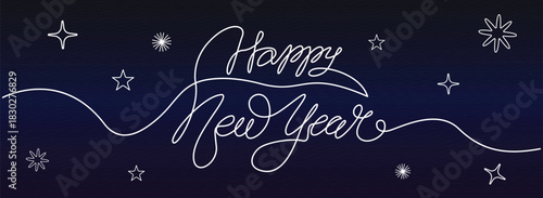 Continuous one line drawing of Festive happy new year, typographic design with colorful abstract elements and celebratory.