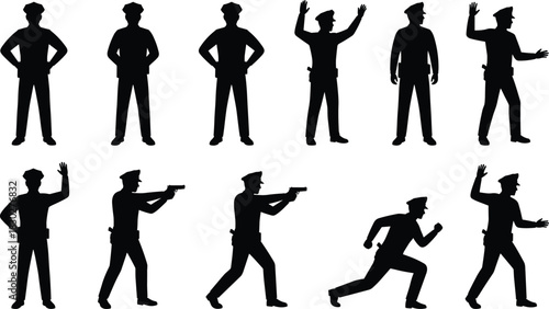 Silhouettes of police officers in various poses—standing, directing traffic, running, and drawing a gun—illustrating law enforcement, security, and authority figures.