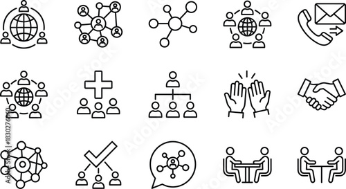 Line Art Icons Set of Global Communication, Teamwork, Social Network, Business Collaboration, and Partnership Elements Including Handshake and Meetings