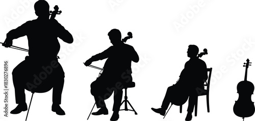 Multiple silhouettes of male cellists performing the cello, seated while playing the classical string instrument, isolated vector illustration on white.
