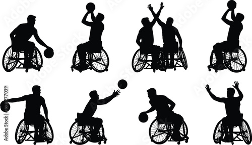 Silhouettes of wheelchair basketball players shooting, passing, and blocking, illustrating adaptive sports, competition, determination, and athletic performance.