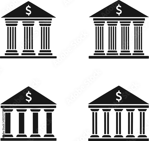 Bank building icons, financial institution symbols, classical column architecture, money sign illustration, finance vector set for apps, websites, and branding