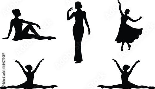 Silhouettes of women in various elegant and dynamic poses—seated, standing, dancing, and performing splits—illustrating beauty, grace, performance, and flexibility.