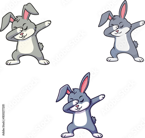 Cute dabbing bunny cartoons, funny rabbit dance pose illustrations, adorable character set for kids, Easter designs, playful animal artwork collection