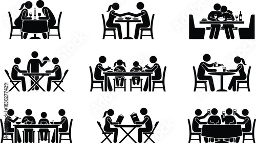 People dining silhouettes set, eating together at restaurant table, including couples, family, and group scenes, vector icons for food and social interaction
