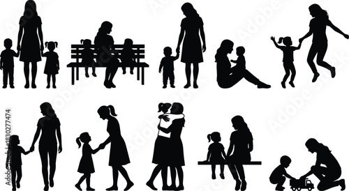Mother and young children silhouettes set, featuring walking, hugging, playing, and sitting activities, vector icons illustrating family bonding, love, and care