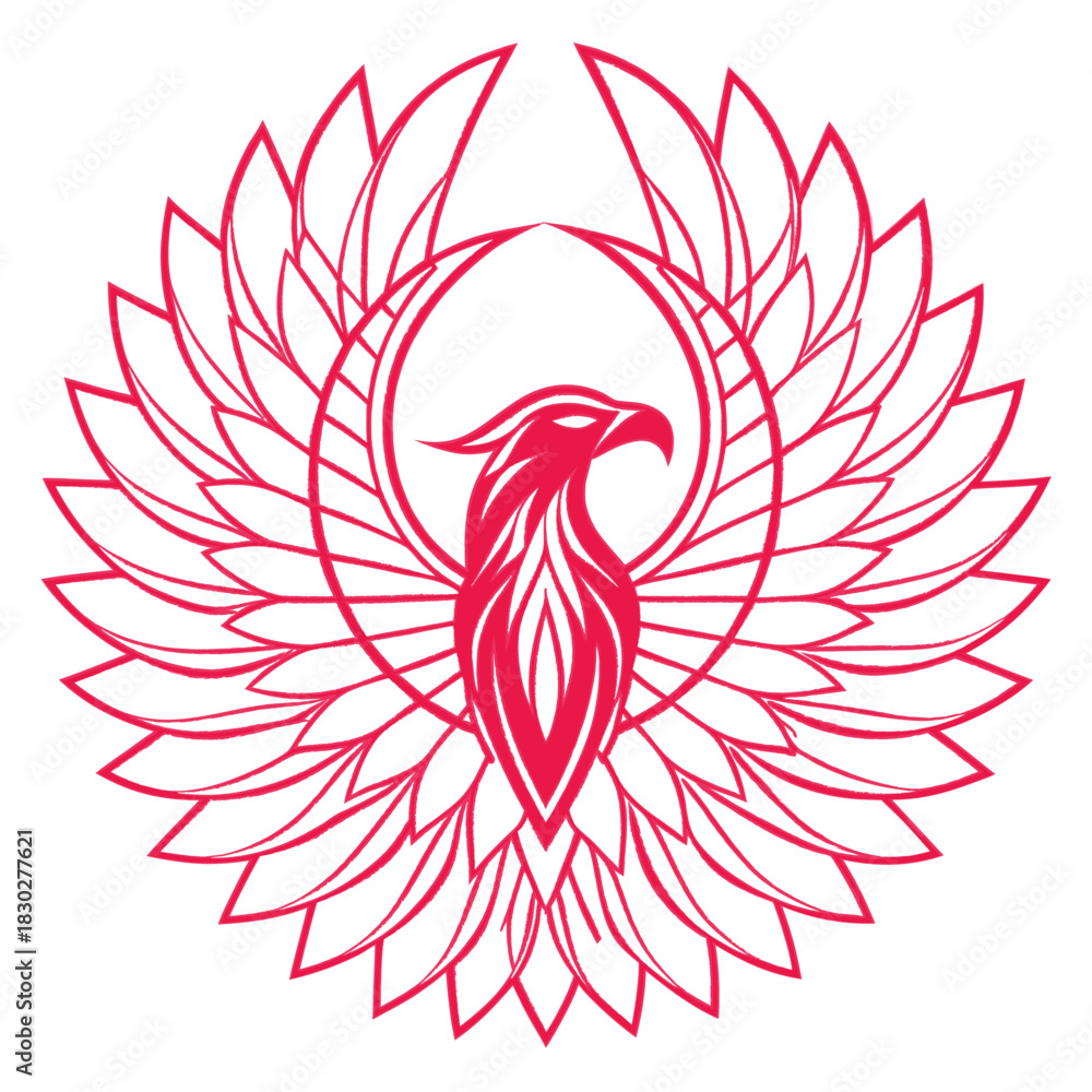 Obraz premium Stylized dark purple phoenix bird emblem with intricate geometric feather design isolated on white background