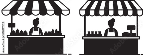Two market stalls with vendors silhouette